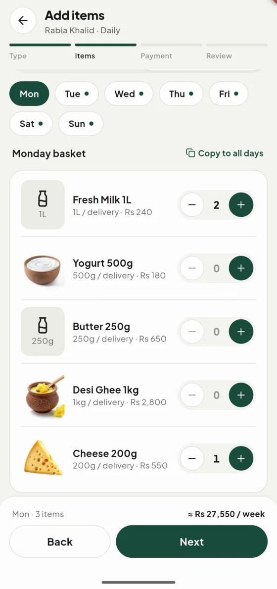 A subscription basket that changes by weekday, with a weekly total